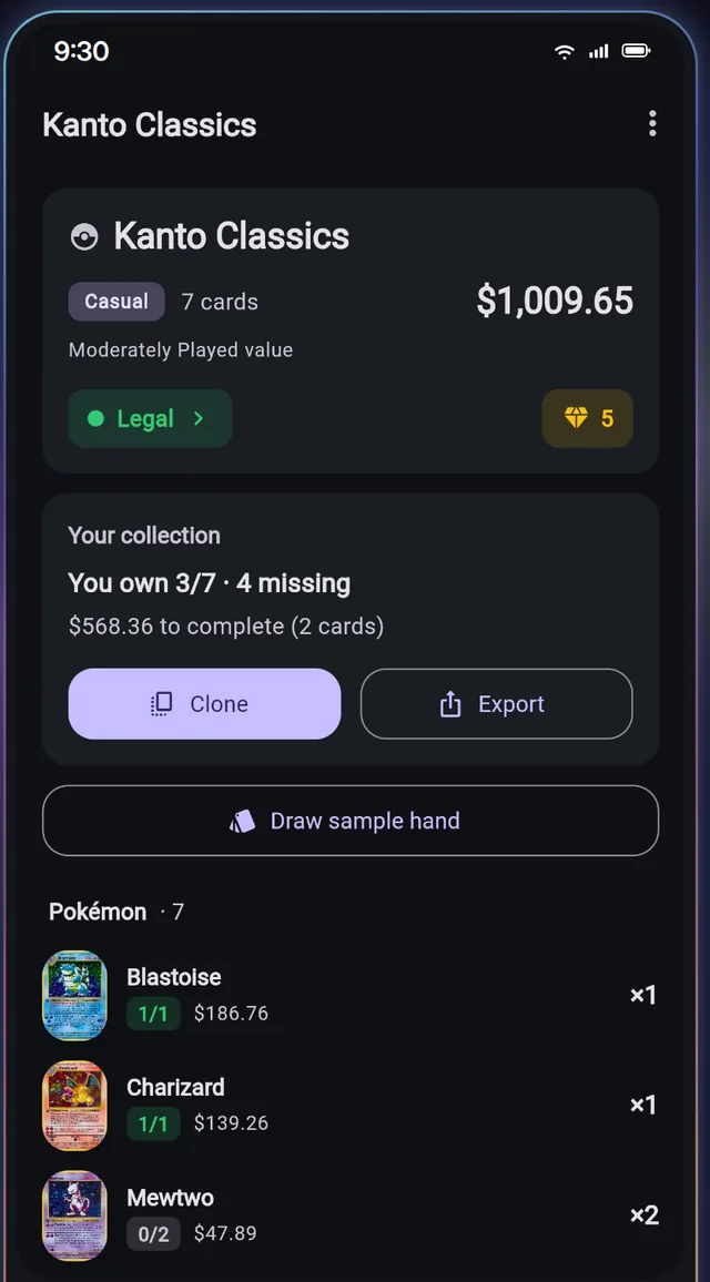 DeckVault deck screen showing a legal Pokémon deck, owned and missing cards, and cost to complete